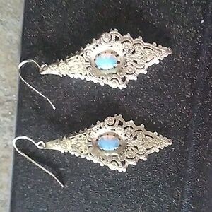 Vintage Lightweight Teardrop Filigree Hanging Earrings with Opal Stone